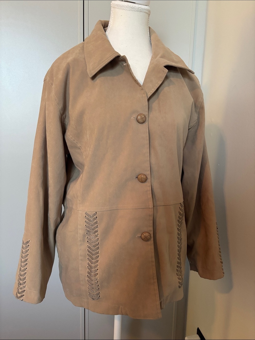 Women's Taupe Button-Front Jacket with embroidered details